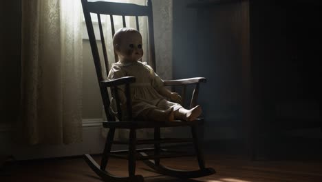haunting atmosphere: an eerie doll resides in an abandoned rocking chair, illuminated by soft light filtering through a dusty window, evoking a sense of nostalgia and unease