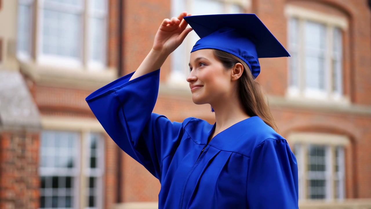 Una laureata con tocco e toga blu cammina lungo un sentiero in mattoni del campus sotto la luce del giorno brillante, esprimendo orgoglio, ottimismo e un senso di celebrazione.