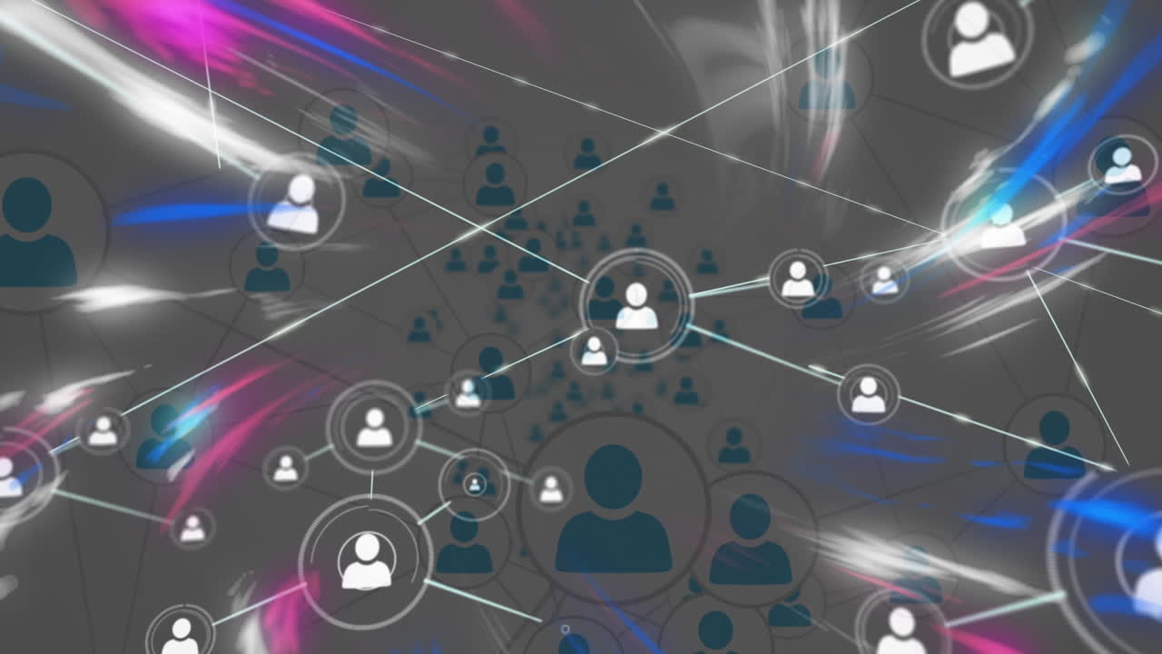 animación de redes de conexiones y rastros de luz coloridos sobre fondo blanco