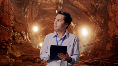 asian male professional worker standing with his tablet in underground mine tunnel, he observes by looking around before he come to concentrating with his tablet