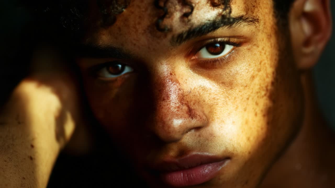 A captivating portrait showcasing the expressive gaze of a young individual with freckled skin illuminated by soft, natural light that enhances the depth of emotions in their eyes
