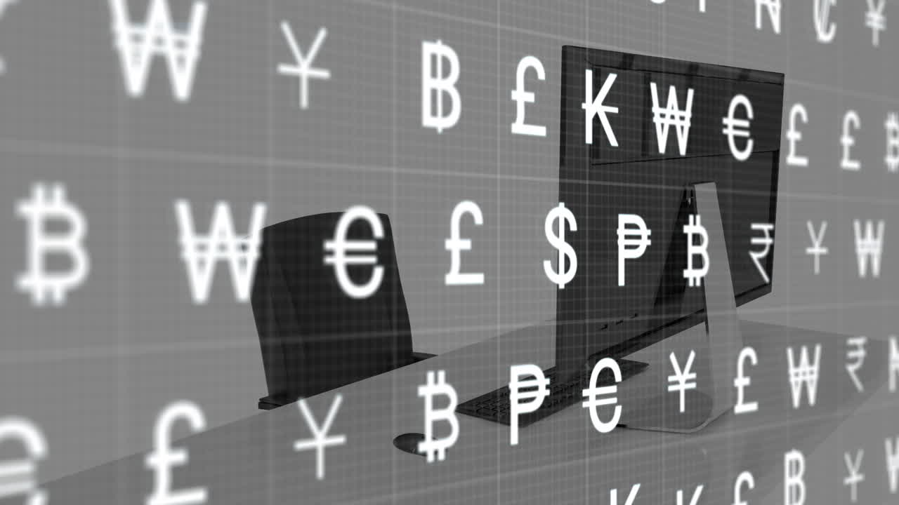 Animation of currency symbols over office desk with computer