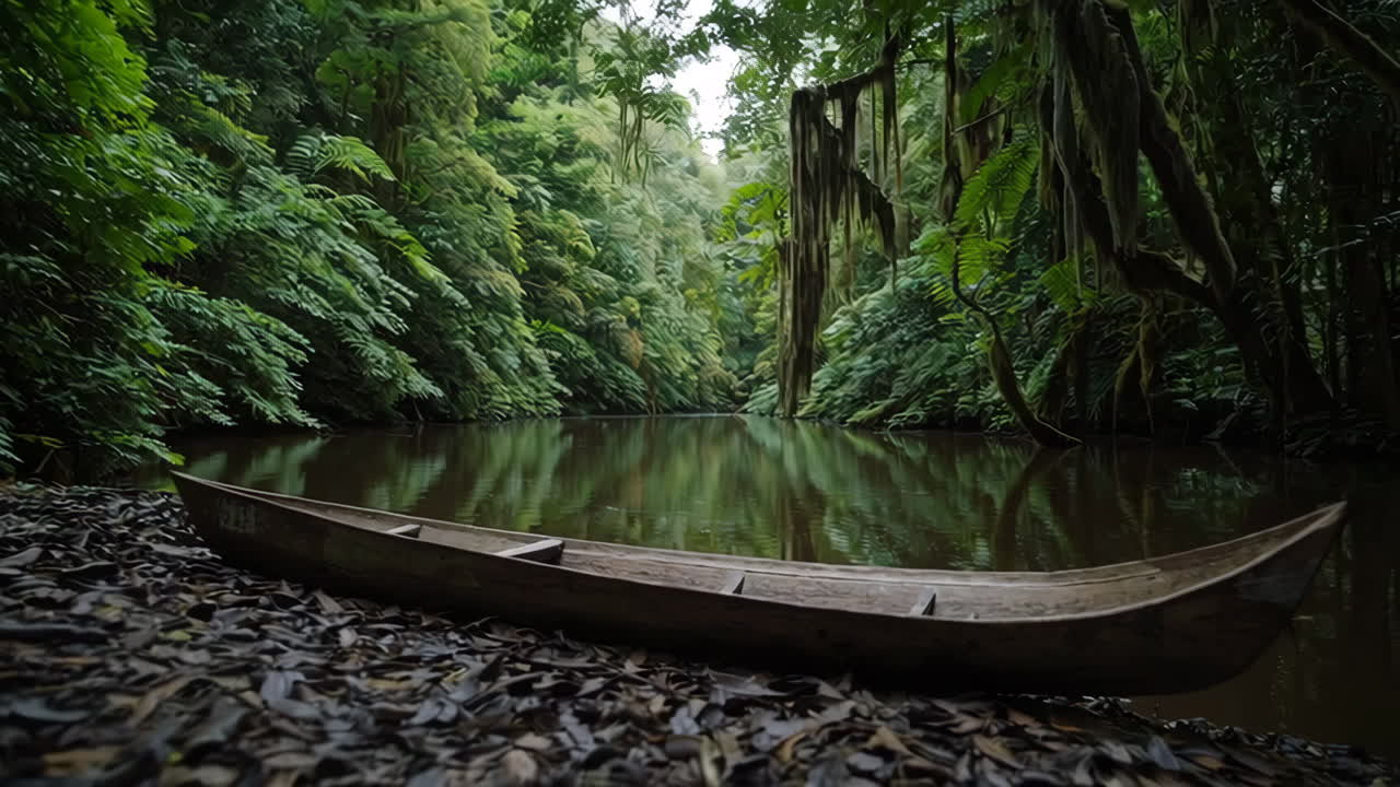 Wooden Canoe in a Lush Rainforest River