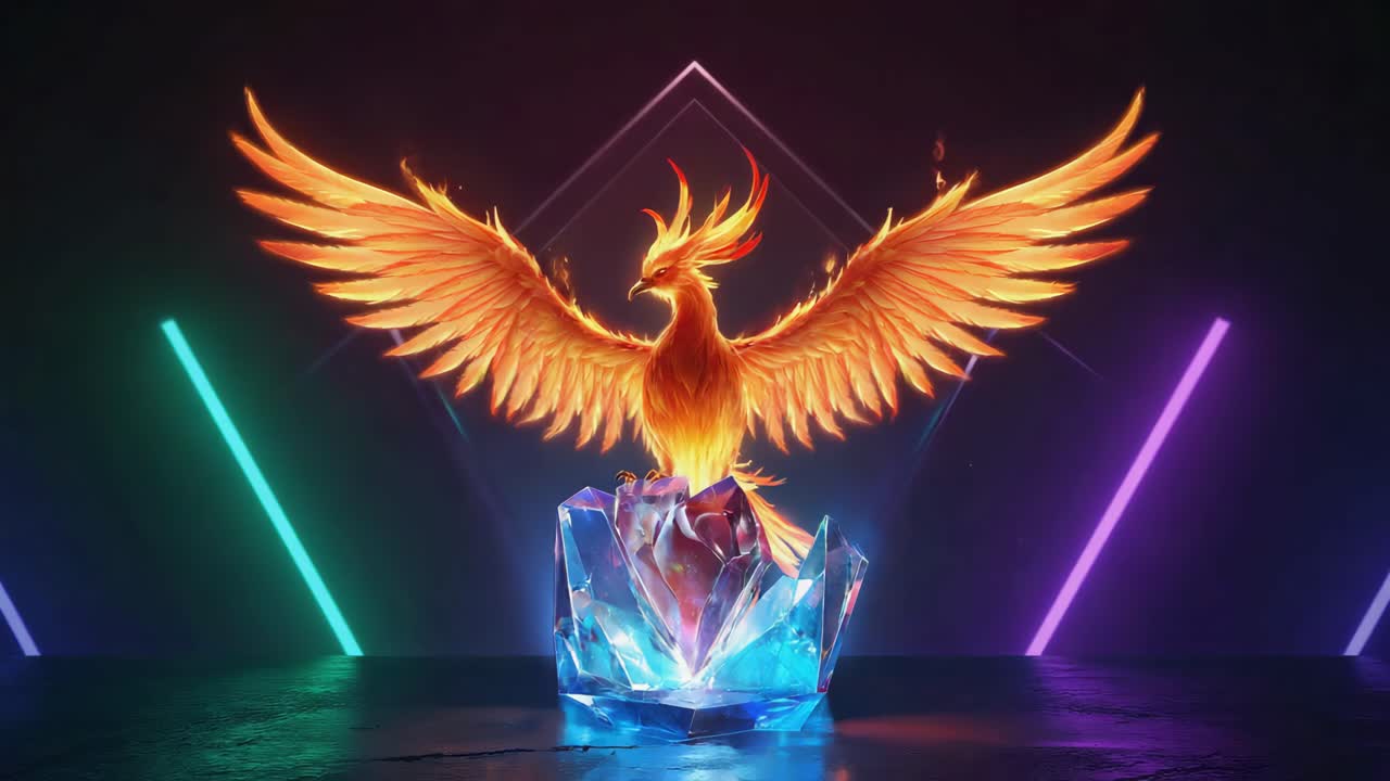 Phoenix on Crystal with Neon Background