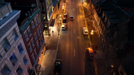 top down aerial in urban american city in winter