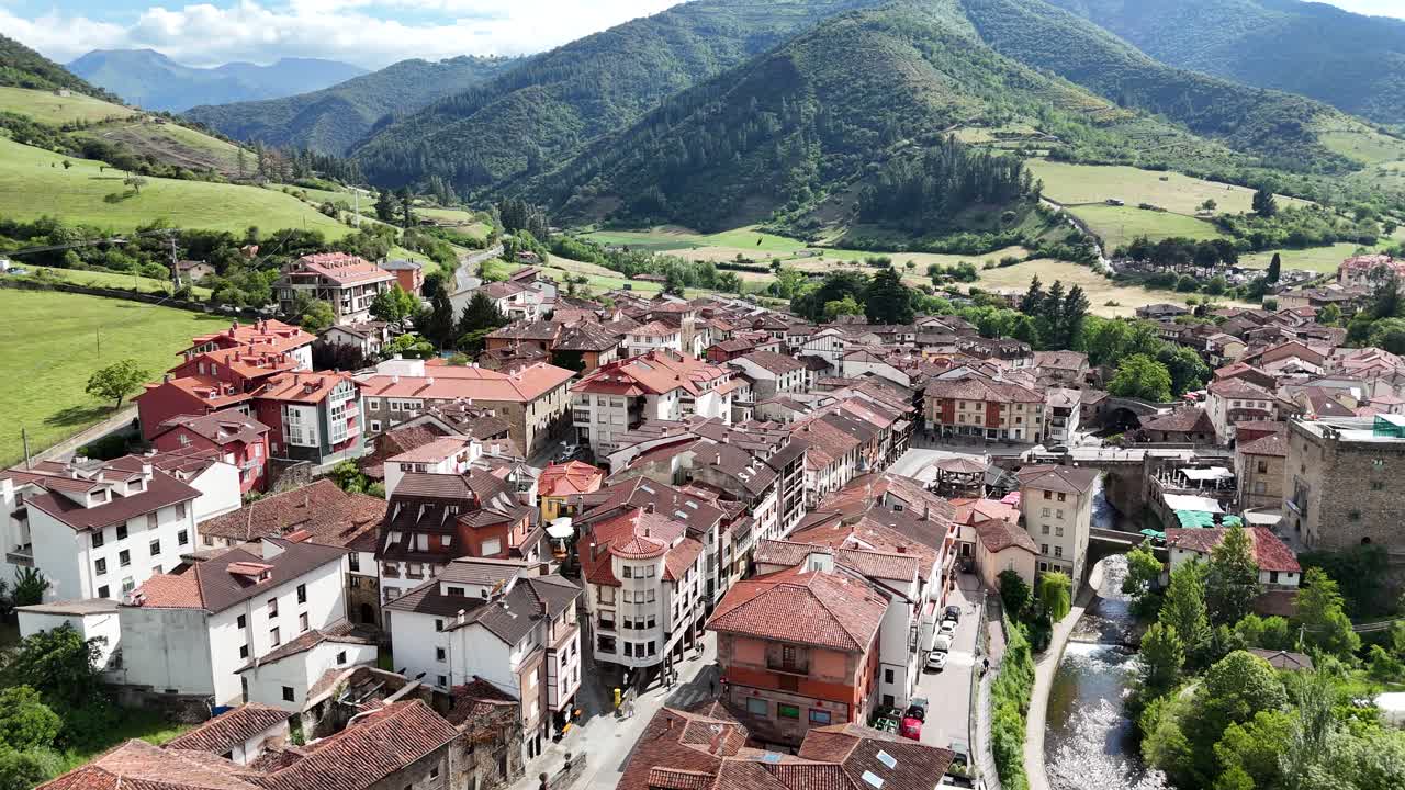 Panoramic Aerial View of Potes, a Charming Town in the Cantabrian Mountains