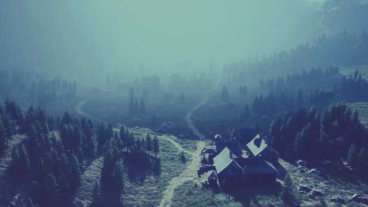 Enchanted forest village bathed in morning mist and serenity