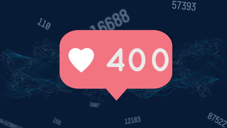 icono del corazón con números crecientes sobre burbuja de habla contra ondas digitales y números cambiantes
