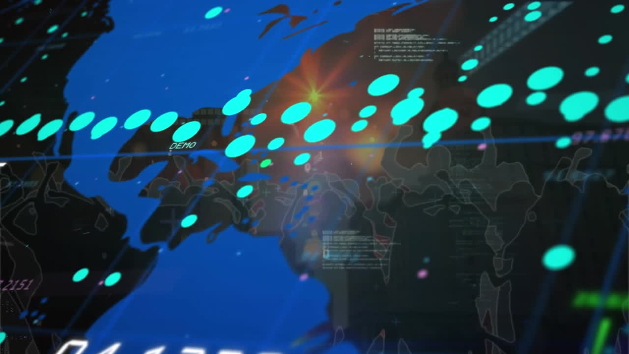 Animation of world map and data processing over light spot against silhouette of people dancing
