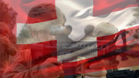 animación de la bandera de suiza sobre soldados con armas