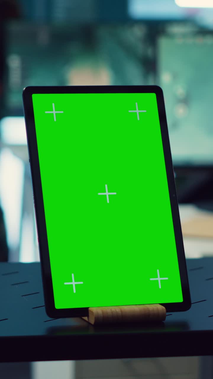 Tablet con schermo verde sulla scrivania dell'ufficio