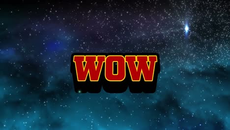 animación de texto wow en letras rojas sobre estrella fugaz y puntos brillantes de luz