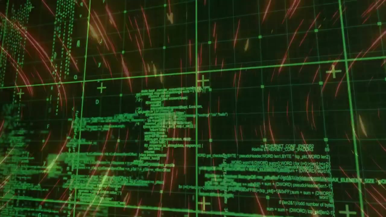 Virtual network dashboard animating, showing green code blocks with grid nodes and red streaks