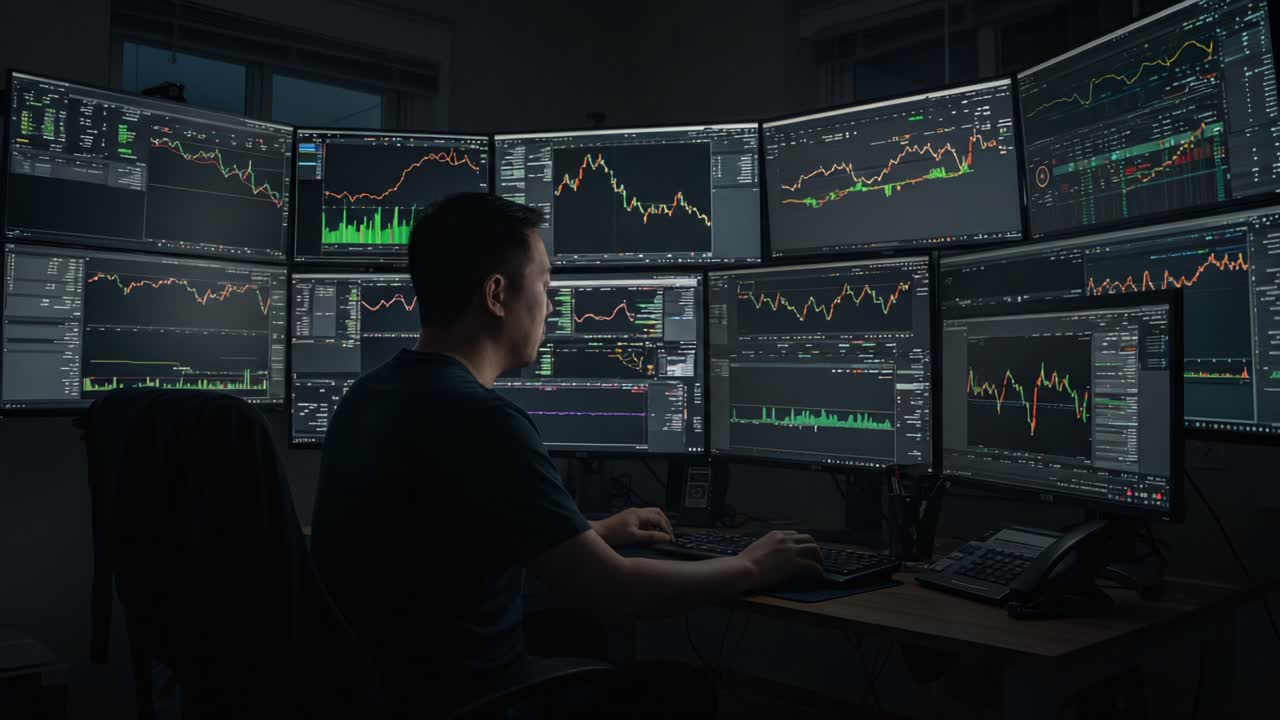A Focused Trader Analyzing Financial Markets with Multiple Monitors, Charts, and Data Analytics for Optimal Investment Decisions
