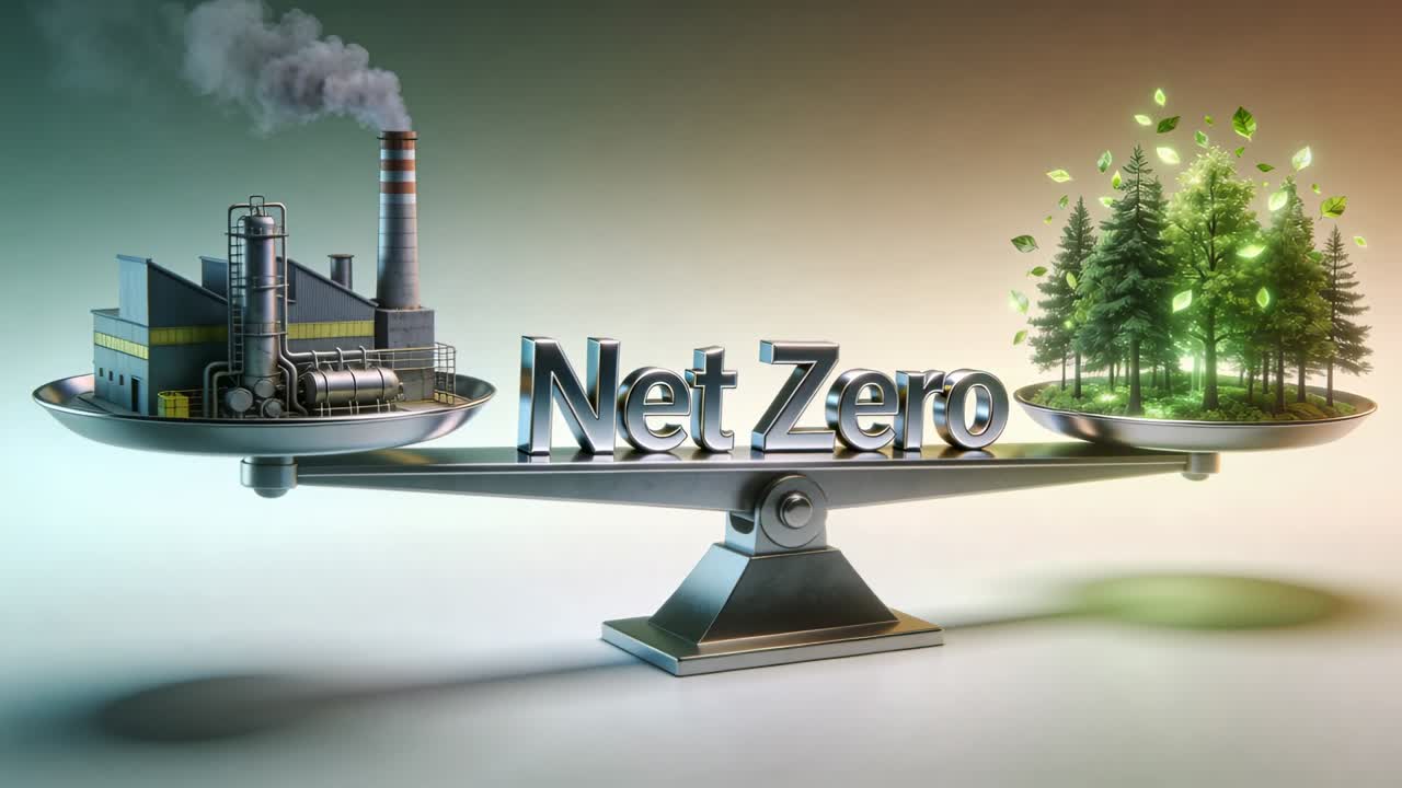 Metallisk våg med texten Net Zero, grön båge rör sig från skorsten till träd och balanserar utsläppen.