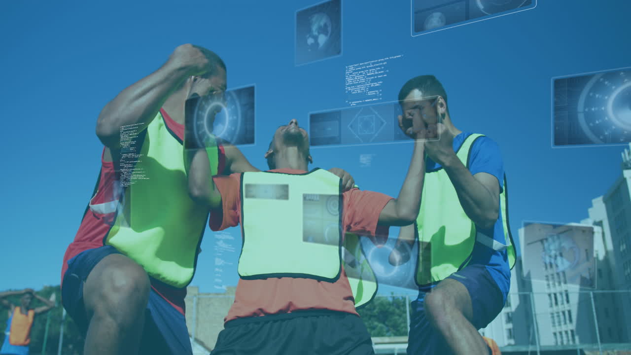 남자 축구 선수들이 응원하는 스크린에서 스 ⁇ 의 애니메이션과 데이터 처리