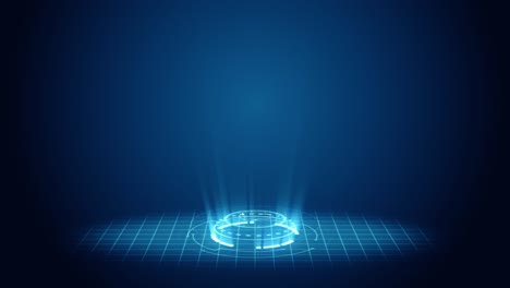 gráfico de movimiento de la tecnología de círculo azul brillante con haz de luz en el fondo de la cuadrícula