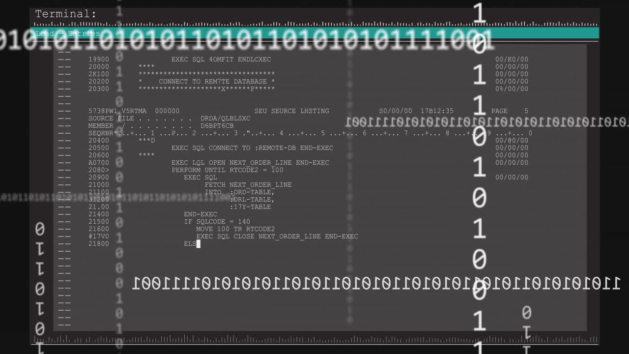 Animation of binary code and database commands on screen with technical interface