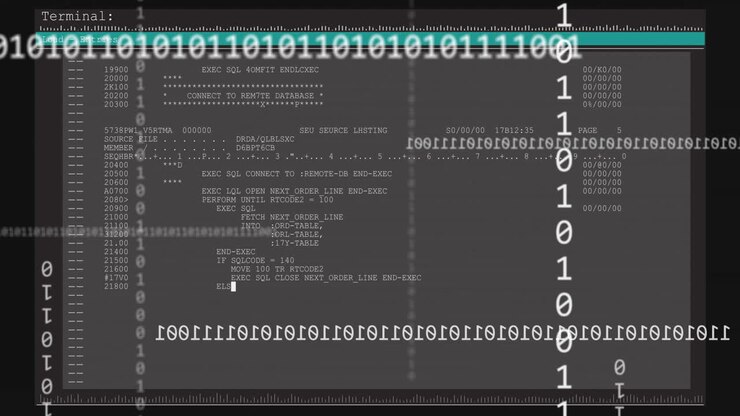 Animation of binary code and database commands on screen with technical interface