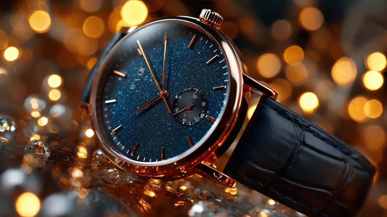Elegant urverksbild: En fantastisk närbild av ett lyxigt armbandsur med en gnistrande blå urtavla, omgiven av glittrande ljus, som framhäver dess hantverk och stil.