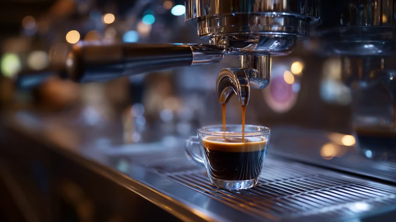 La preparazione di un espresso perfetto: cattura l'aroma intenso e la consistenza vellutata mentre il caffè si versa in una tazza trasparente in un ambiente accogliente.