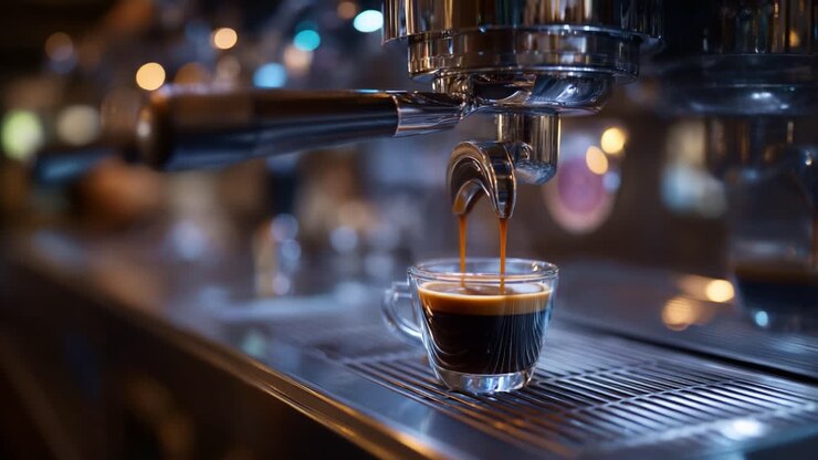 La preparazione di un espresso perfetto: cattura l'aroma intenso e la consistenza vellutata mentre il caffè si versa in una tazza trasparente in un ambiente accogliente.