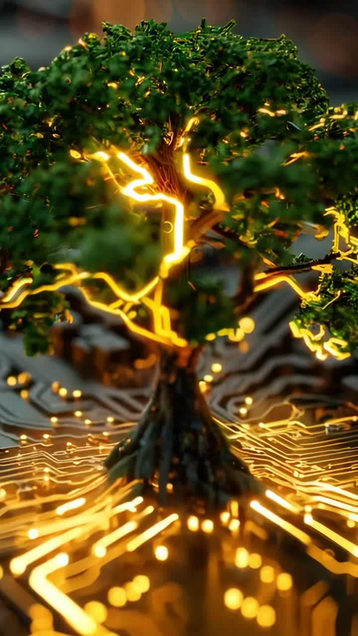 A tree is growing on a computer chip. Concept of technology and nature coming together in a unique way