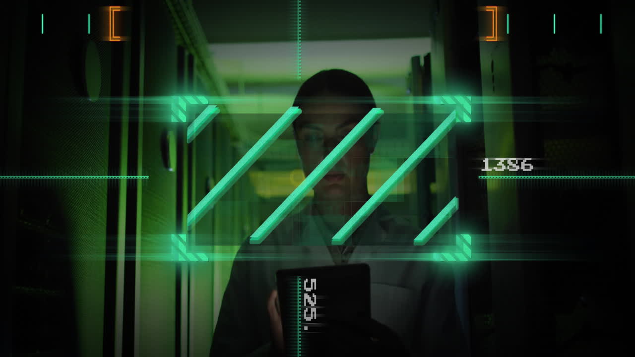 Animation of digital data processing over caucasian it woman by computer servers