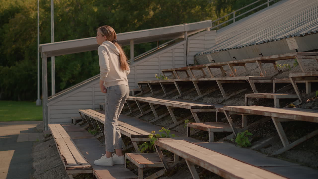 여성은 편안한 자세로 농촌 스타디움 좌석으로 무작위로 걸어가고 청바지와 후디를 입고 앉아 있습니다. 배경에는 빈 스타디움 관중석, 전기 기둥, 활기찬 녹색 나무가 있습니다.