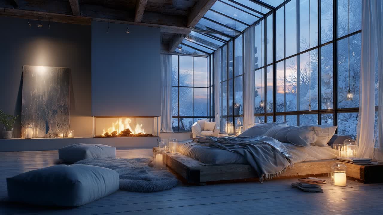Cozy Winter Retreat: A Serene Bedroom Scene Featuring a Minimalistic Design with Warm Candlelight and a Glowing Fireplace, Encased in Expansive Glass for Nature Views