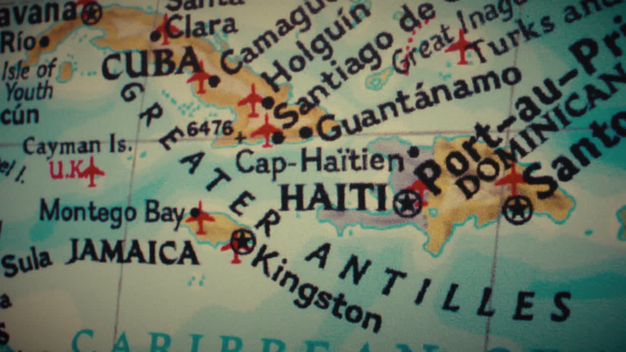 Close-up View of a Map Featuring Caribbean Countries and the Greater Antilles