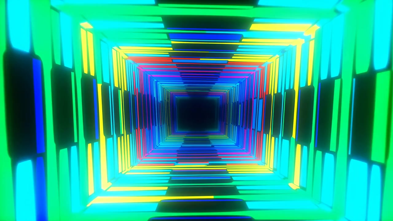 Tunnel corridoio neon vibrante in loop con pannelli luminosi colorati, prospettiva caleidoscopica, synth cyberpunk