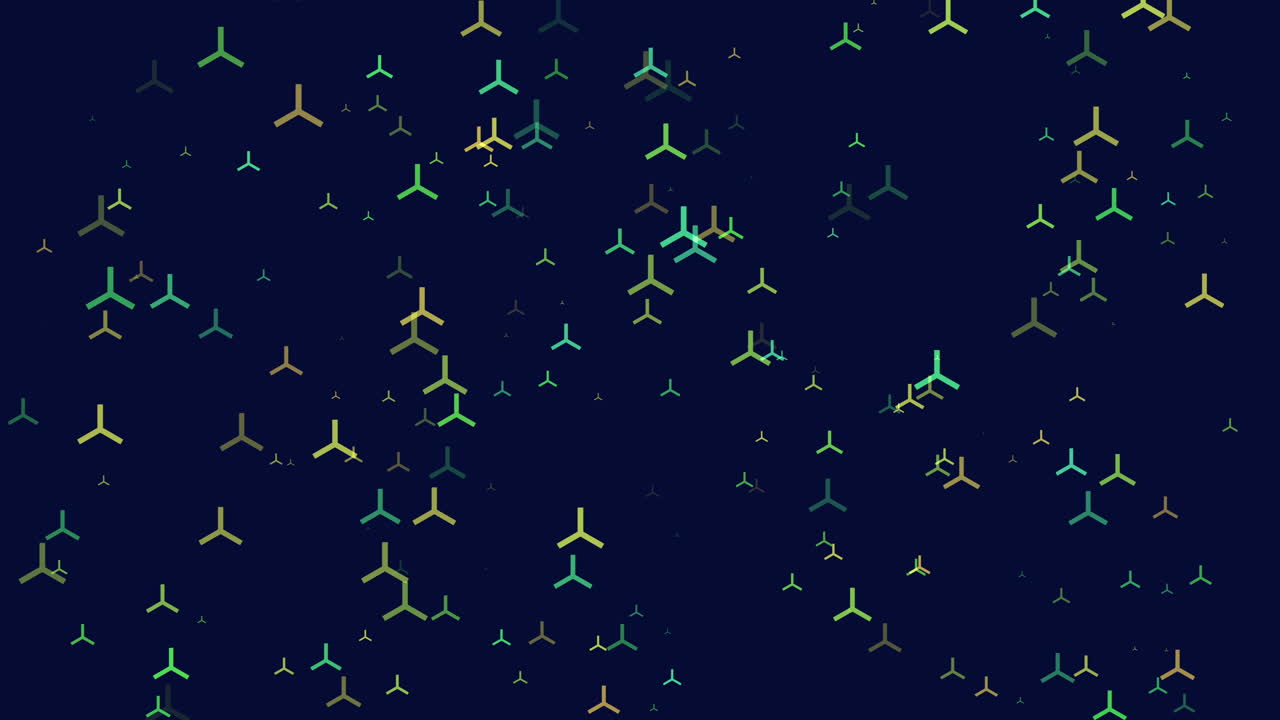 Dynamic abstract footage of small geometric trident shapes drifting across a dark background, creating a modern minimalist pattern ideal for tech, science, or futuristic themed video projects