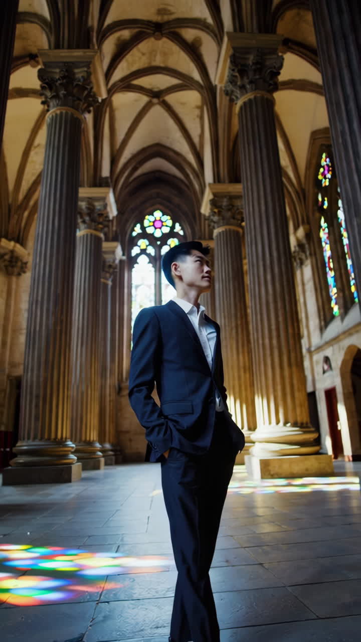 Man in Suit Poses in a Grand Cathedral