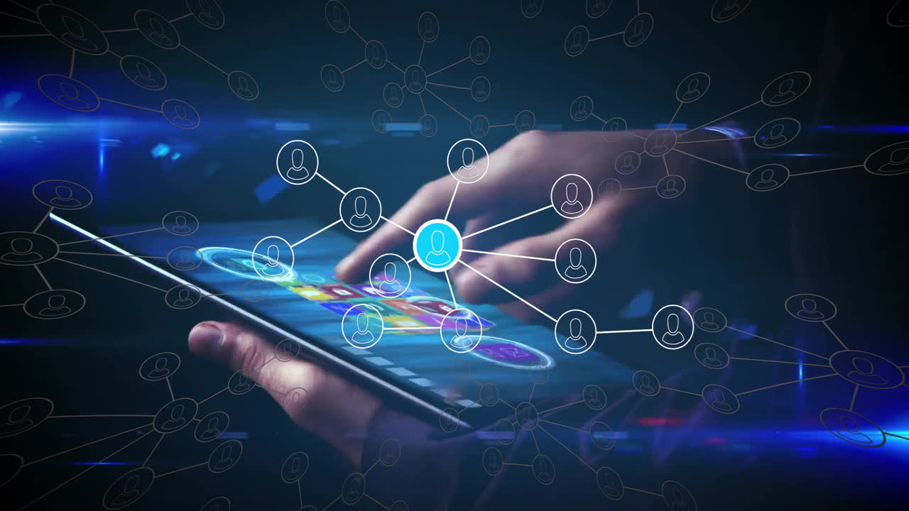 Hands interacting with tablet over network of connected user icons animation