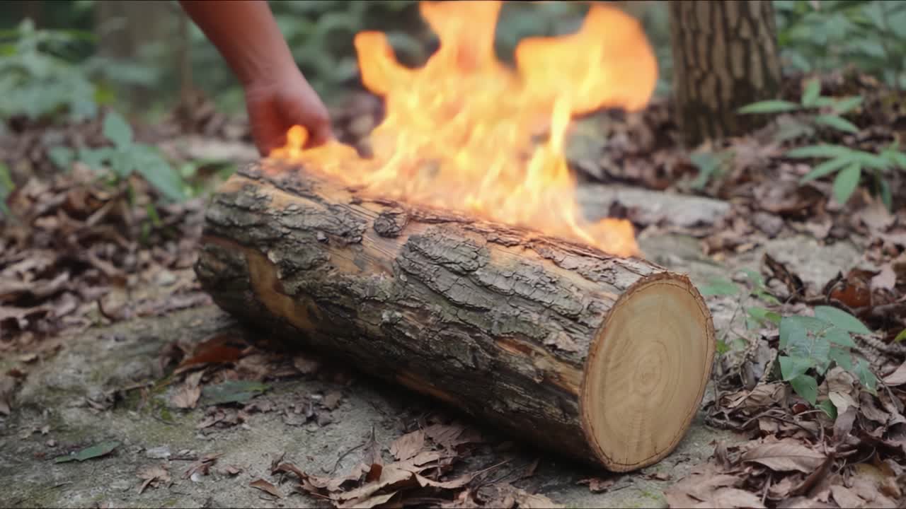 Dramatic Flames Erupting from a Log Surrounded by Leaves in a Forest Setting, Showcasing the Natural Beauty and Raw Power of Fire in the Wilderness