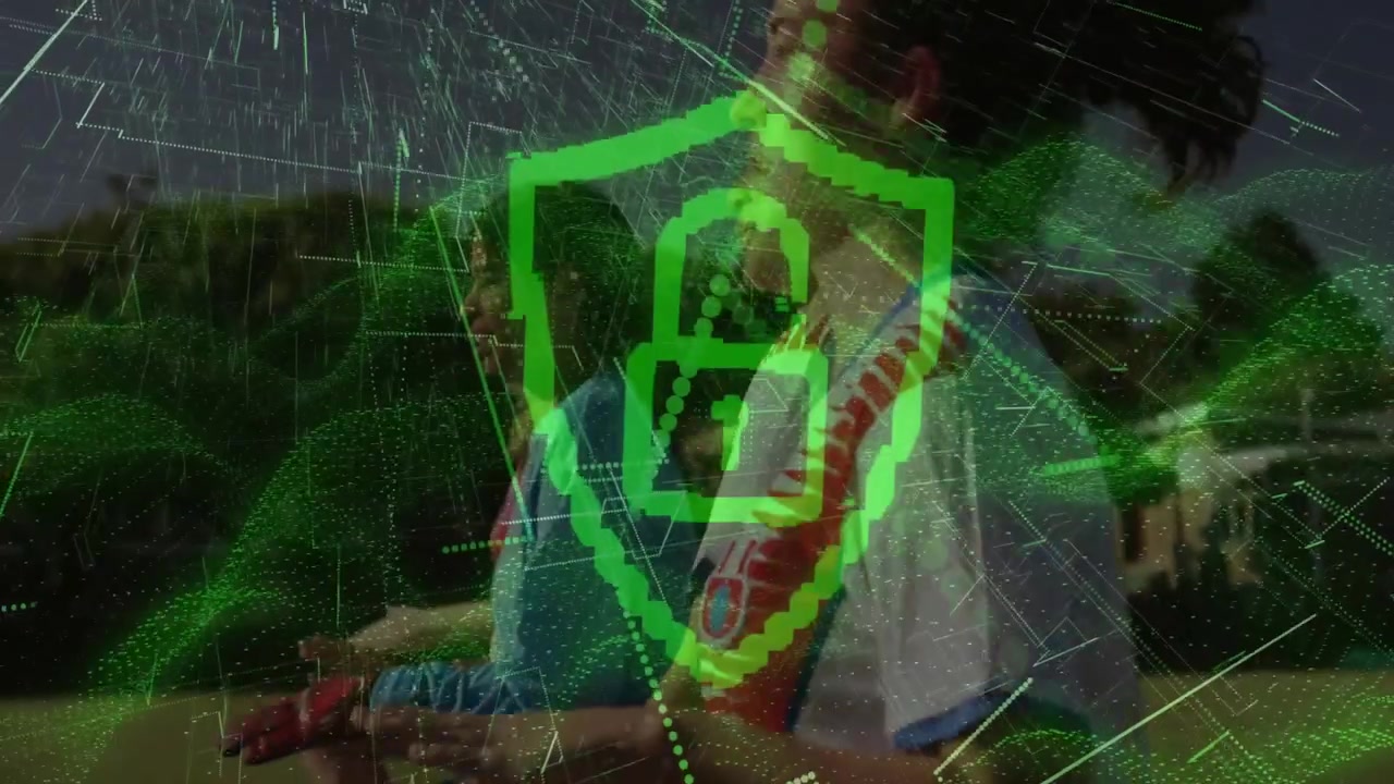 soccer players jogging on pitch activating sports data overlay forming lock shield and pulsing grid