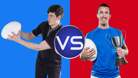 animación de jugadores de rugby caucásicos que sostienen pelotas sobre fondo azul y rojo