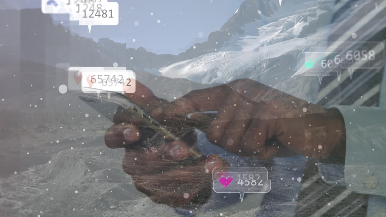 스마트폰을 사용하는 아프리카계 미국인 남성 위에 숫자를 가진 소셜 미디어 아이콘의 애니메이션