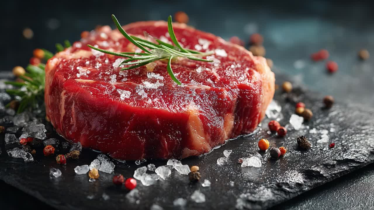 An Exquisite Presentation of Fresh, Quality Steak with Aromatic Herbs and Seasoning, Perfect for Culinary Enthusiasts and Gourmet Cooking
