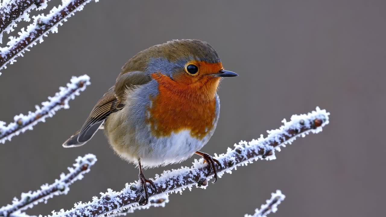 Close-up video still of a robin perched on a frosty branch, captured from a side angle