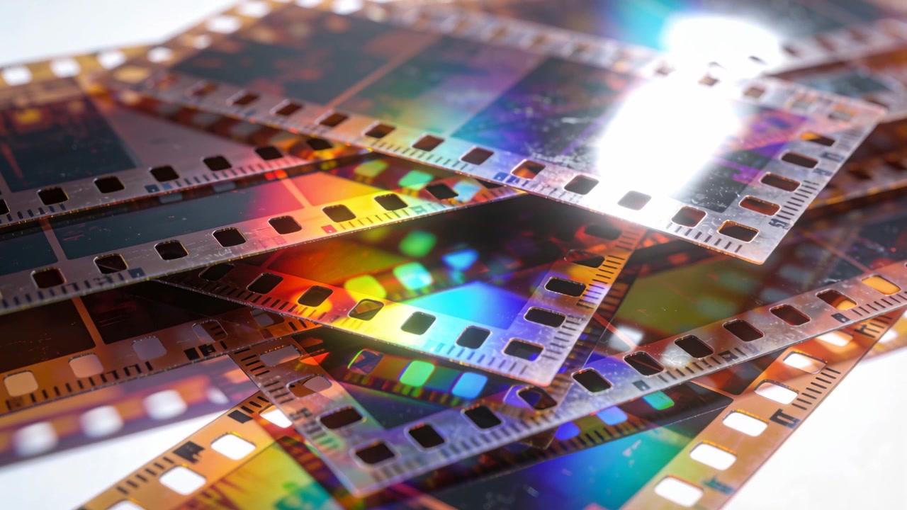 Shifting light making 35mm negatives with sprocket holes shimmer on white tabletop with color bokeh