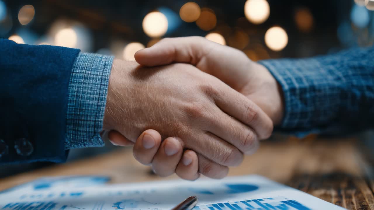 A professional handshake symbolizing agreement and collaboration between two individuals over documents, with a blurred background enhancing focus on their connection and mutual understanding