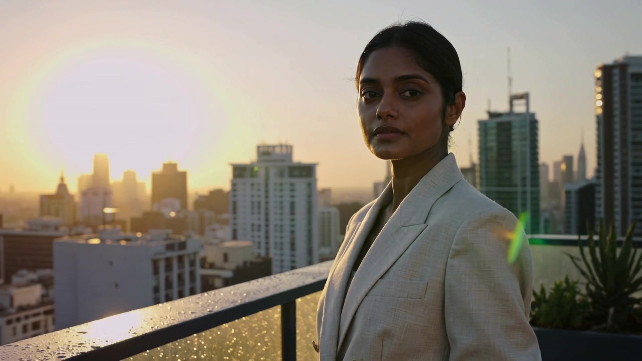 Mulher sul-asiática virando-se, vestindo blazer, contemplando o horizonte no parapeito de um telhado, com o sol causando reflexo na lente.