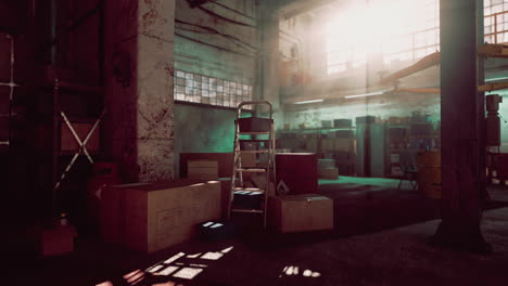 abandoned warehouse with boxes, ladder, and sunlight streaming in