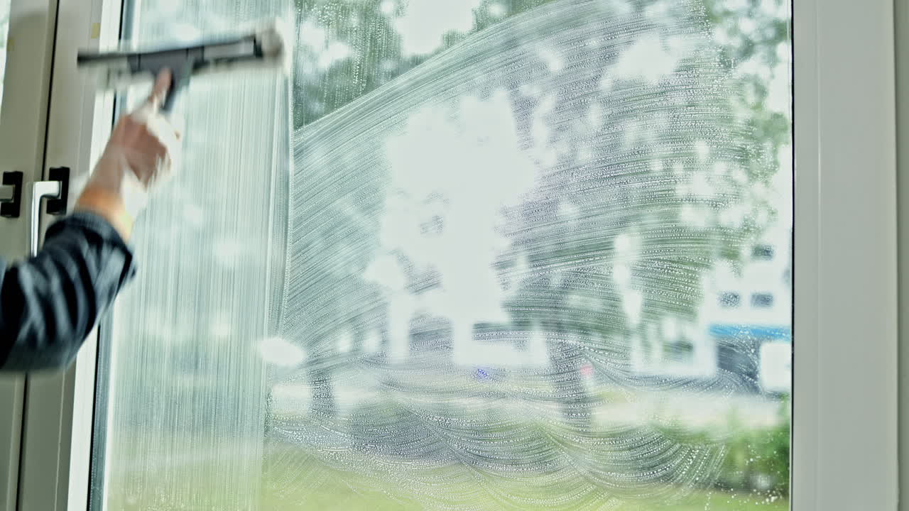 Close-up of a man's hand with a mop for washing windows. A professional cleaning company man washes windows in a house with detergent. Professional house cleaning