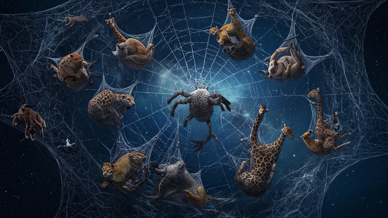 A Captivating Scene of Animals Entangled in a Cosmic Web: An Artistic Representation of Nature's Intricate Connections