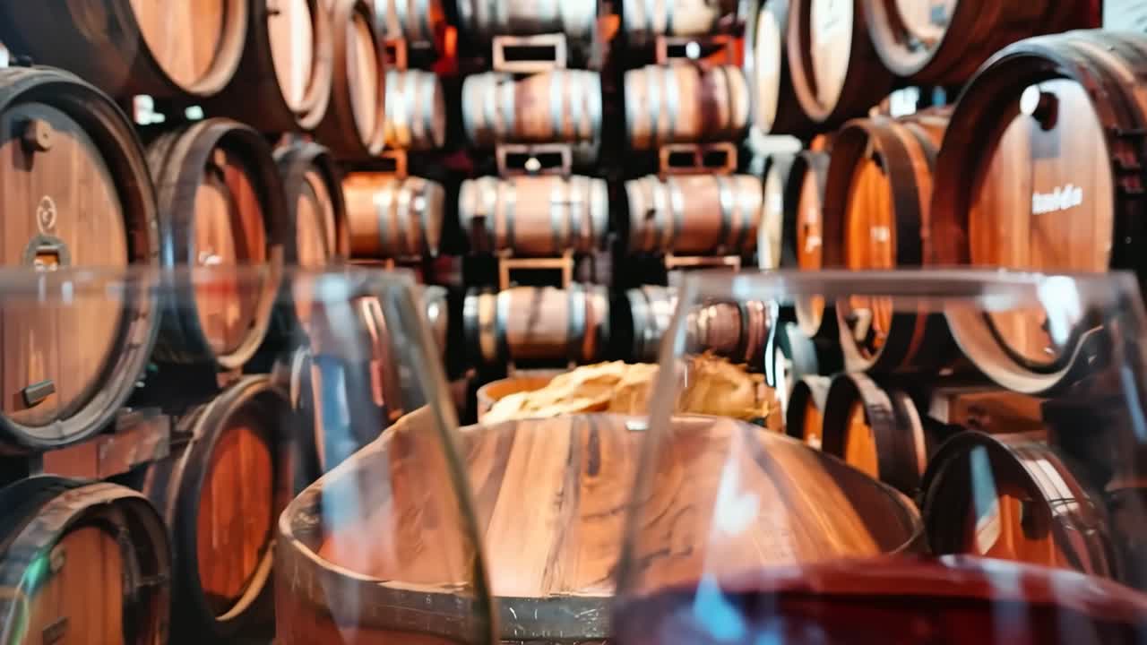 dos vasos de vino rojo sentados en la parte superior de un barril de madera