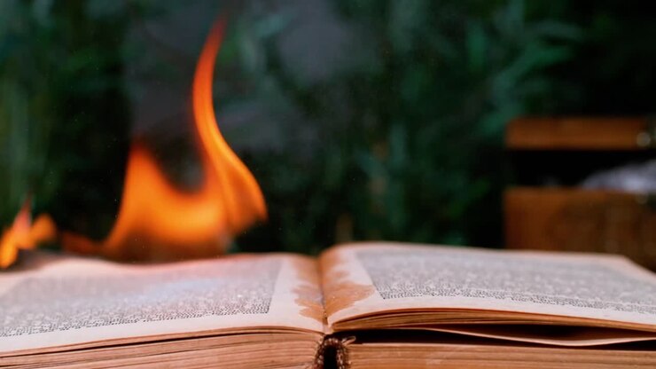 Il libro è avvolto dalle fiamme, scende su una superficie appiattita, ritraendo il concetto di devastazione e rovina