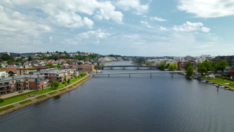 drone view of otra, river that goes out to the sea in the middle of kristiansand, norway